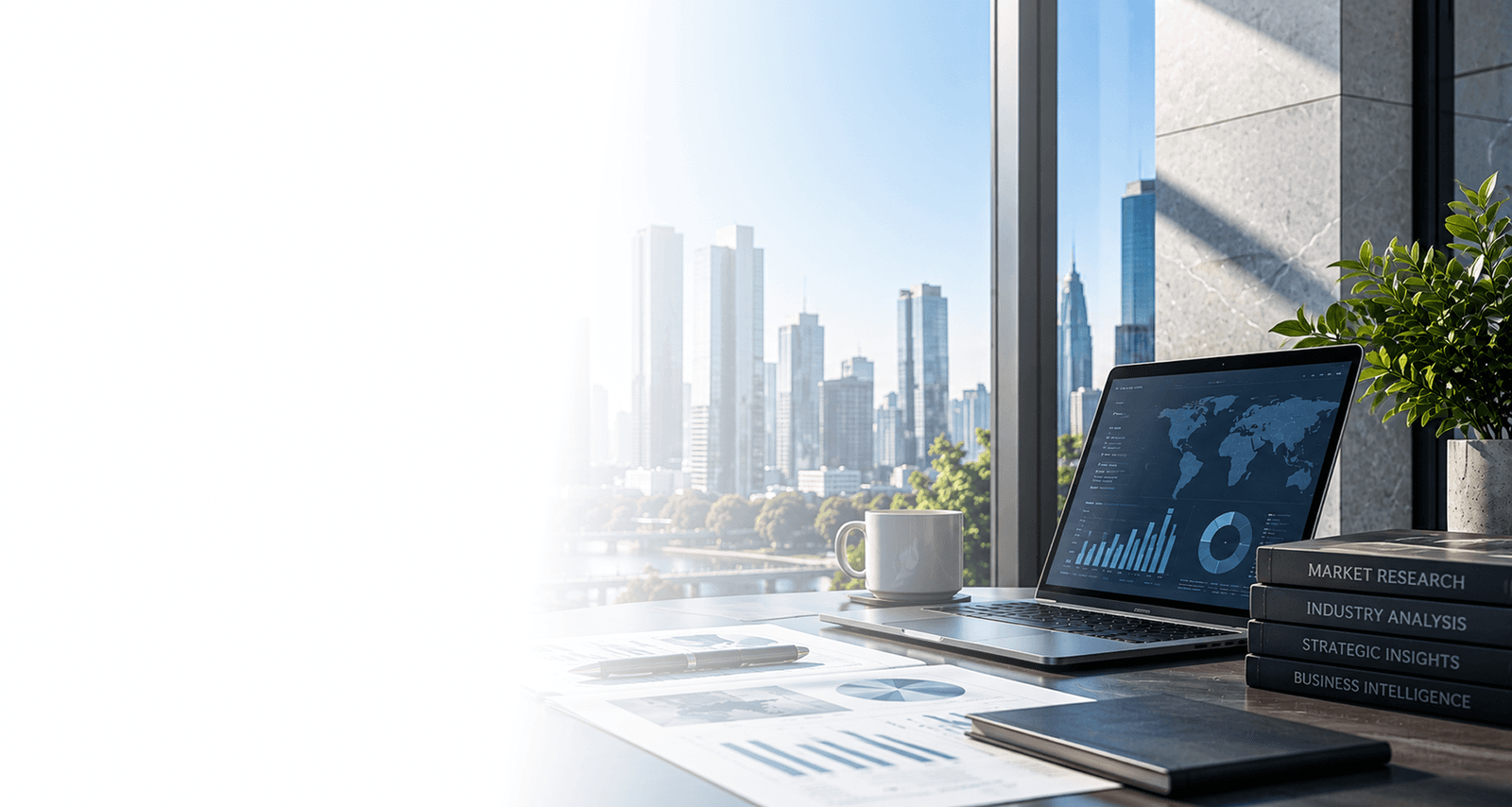 Desktop research workspace with laptop showing global market data and city skyline view