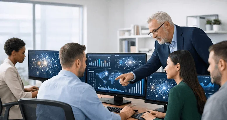 Research team analysing data dashboards on multiple screens with a senior consultant